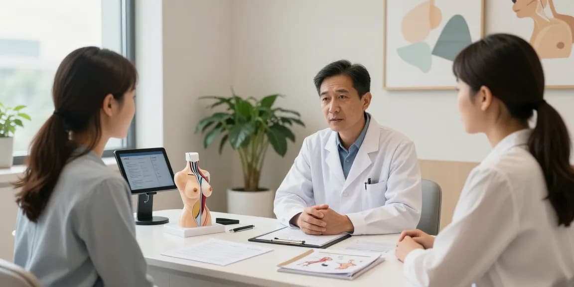 Breast surgery specialist consulting with a patient in a modern clinic environment.