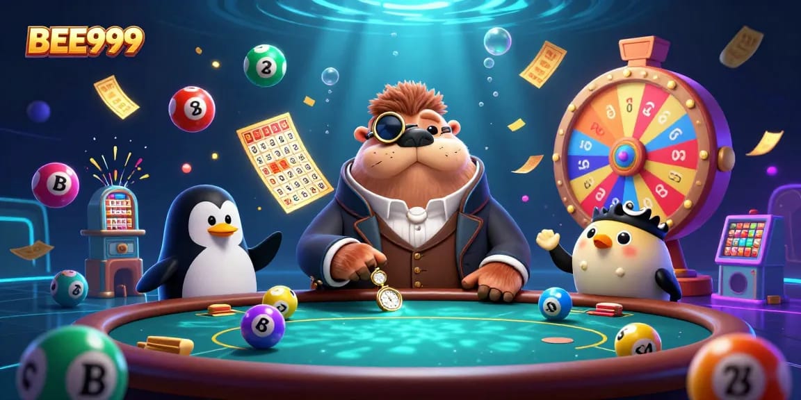 Engage with BEE999's underwater poker scene, showcasing colorful lottery elements and animated casino excitement.