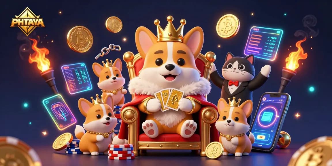 PHTAYA showcases a royal corgi on a poker chip throne amidst vibrant cryptocurrency elements in this 3D casino illustration.