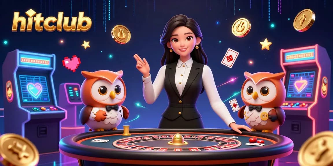Hitclub invites players to enjoy vibrant casino games with a captivating dealer scene.