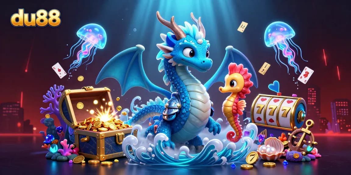 Engage with du88's thrilling underwater casino adventure featuring a dazzling dragon and glowing treasures.