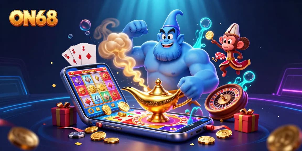 Engage with ON68 through a magical scene featuring a genie, monkey, and vibrant gaming elements.