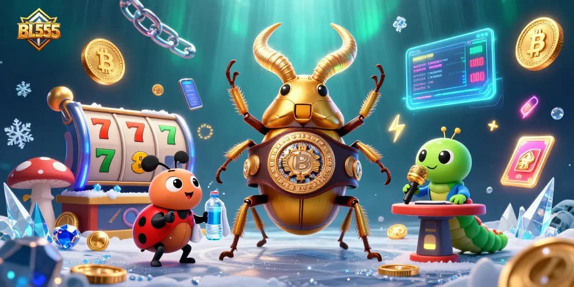 Engage with the vibrant world of BL555 showcasing casino games through dynamic characters and elements.