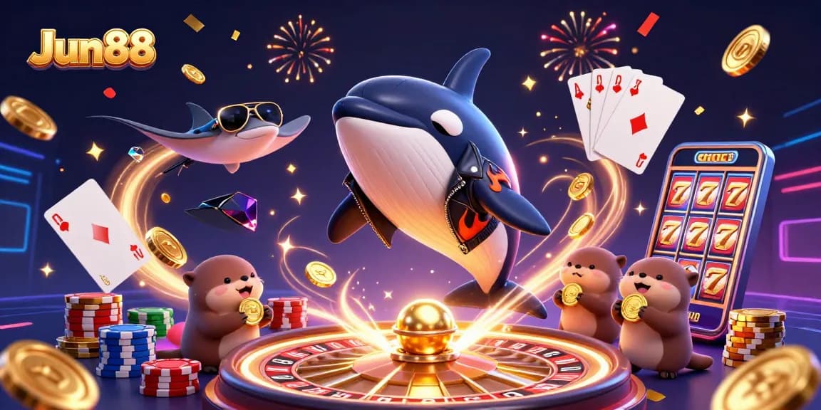 Experience the thrill of Jun88 casino with vibrant characters and dazzling rewards in this exciting 3D scene.
