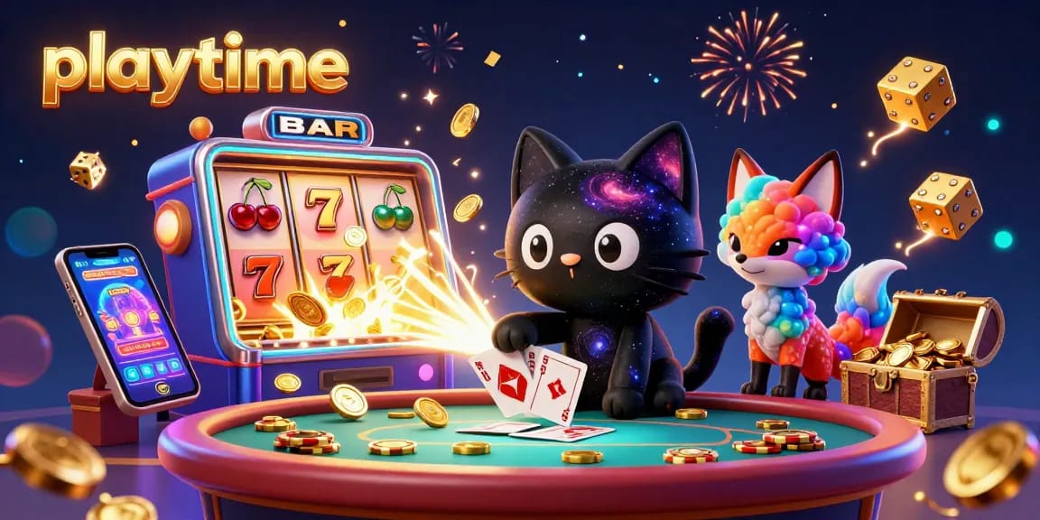 Immerse yourself in a vibrant casino scene with playtime as a cartoon black hole cat and colorful gas clouds.