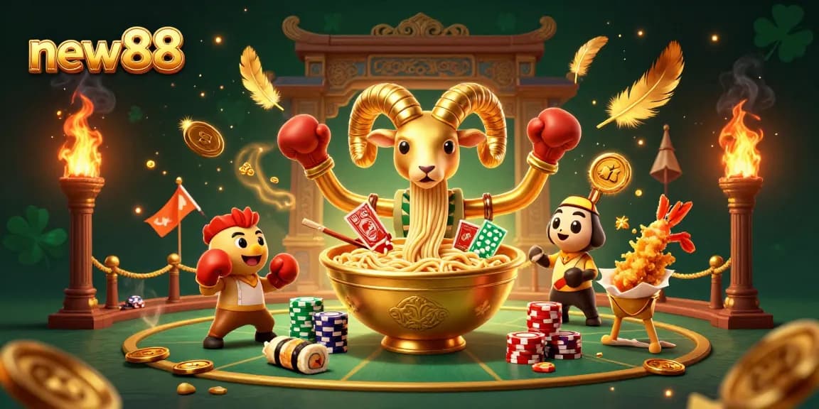 Engage with new88’s vibrant casino scene featuring a golden ramen bowl dealing cards.