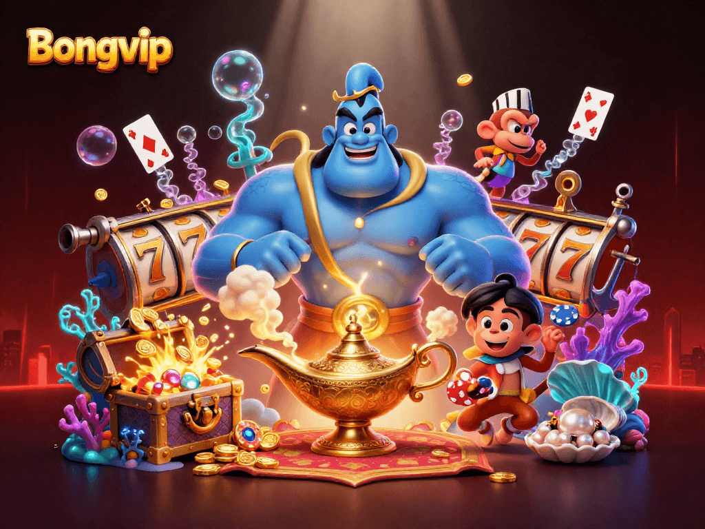 Bongvip showcases thrilling slots action with vibrant characters and magical elements in an exciting casino scene.