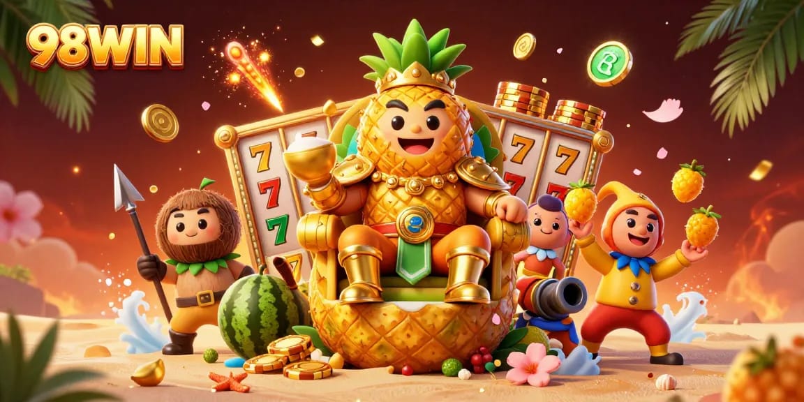 Engage with 98WIN's vibrant casino scene featuring the golden pineapple king in action.