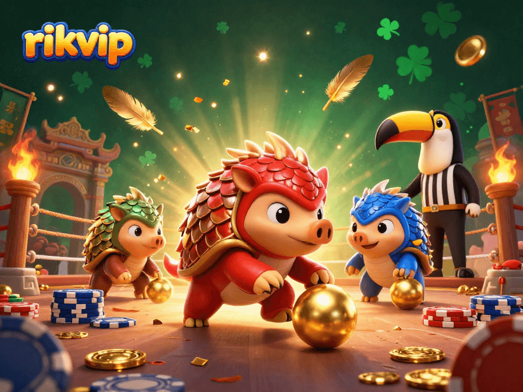 Rikvip rivals roll golden balls amidst poker chips in a vibrant 3D casino showdown.