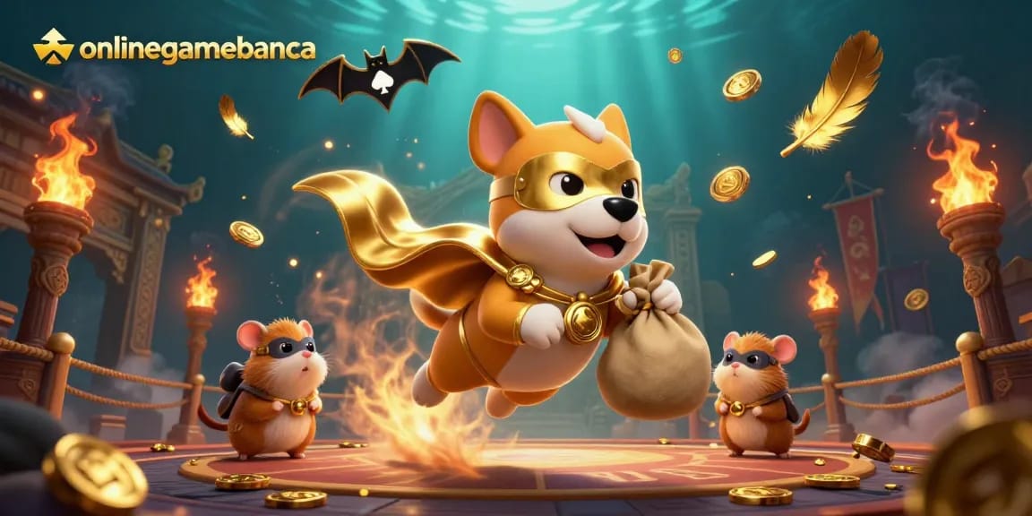 Experience thrilling gameplay with onlinegamebanca featuring a superhero dog and hamster in a vibrant, dynamic casino scene.