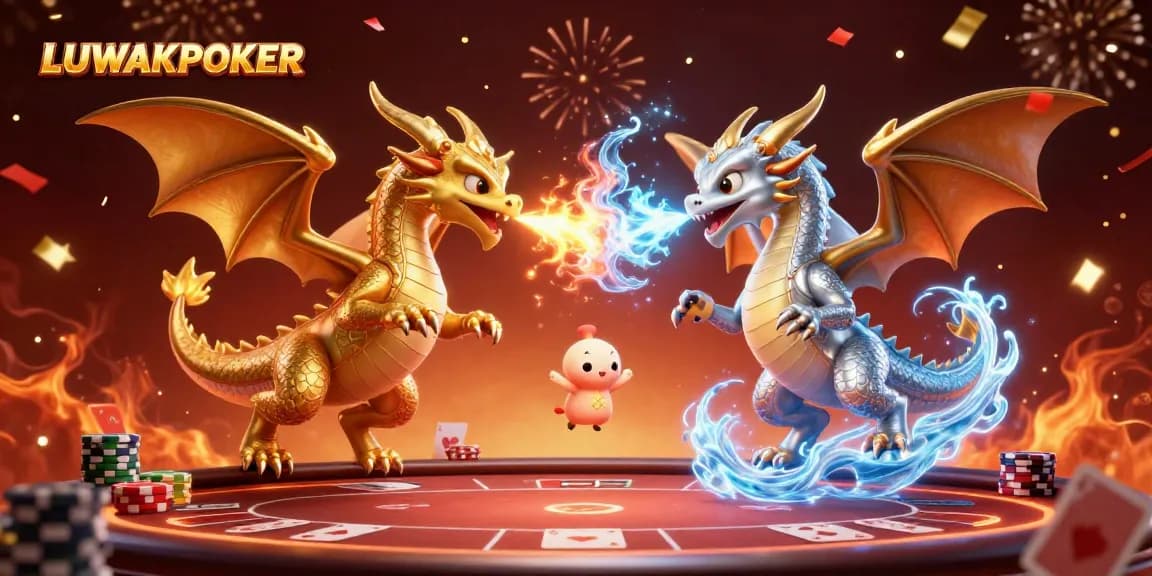 Engage with LUWAKPOKER in a vibrant, enchanting 3D casino scene featuring dragons.