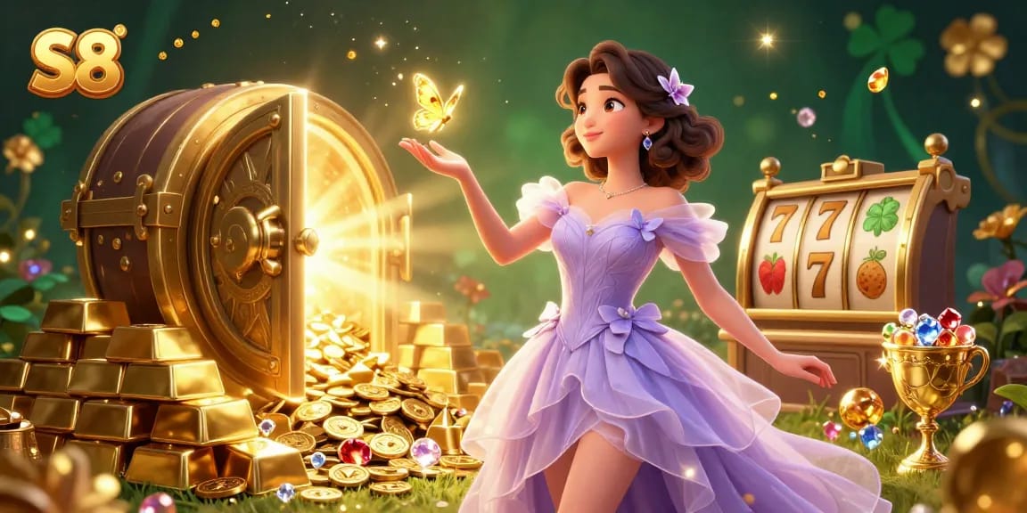 S8 celebrates big wins with vibrant golden treasures and a stunning Asian woman in a casino-themed digital scene.