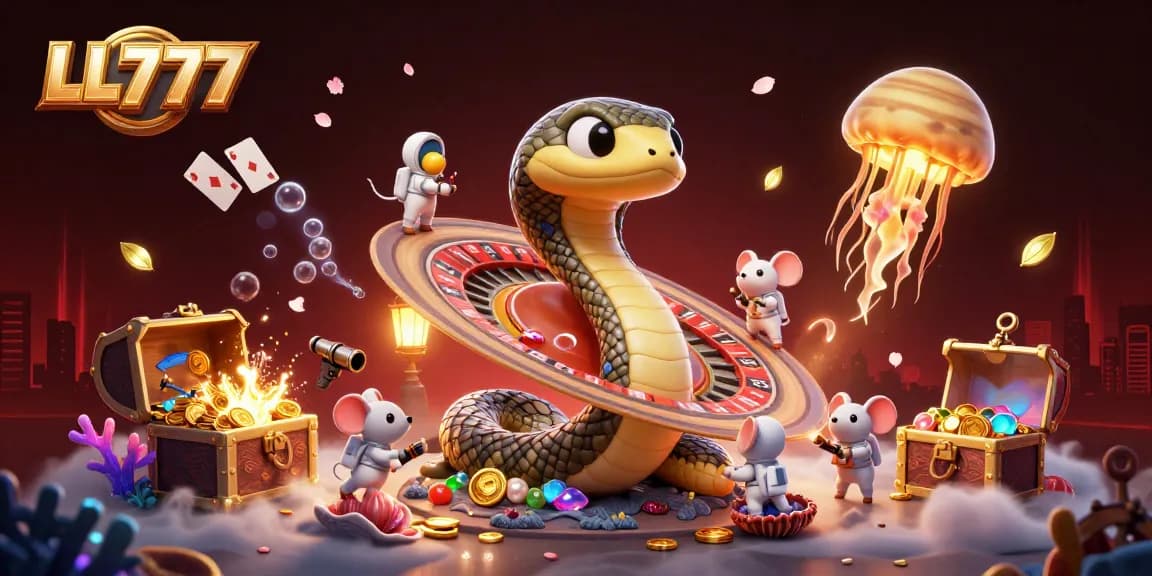 Experience thrilling bets in LL777's cosmic casino scene with vibrant details and playful characters.