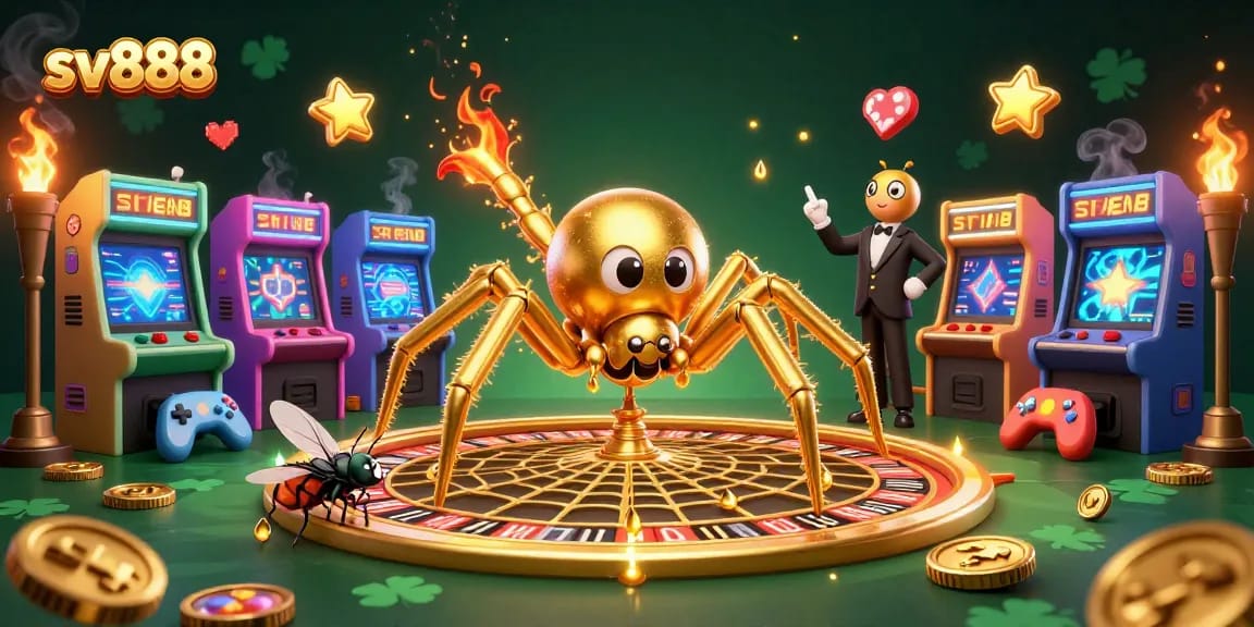Experience the sv888 excitement with a golden spider and centipede in a dynamic casino scene.