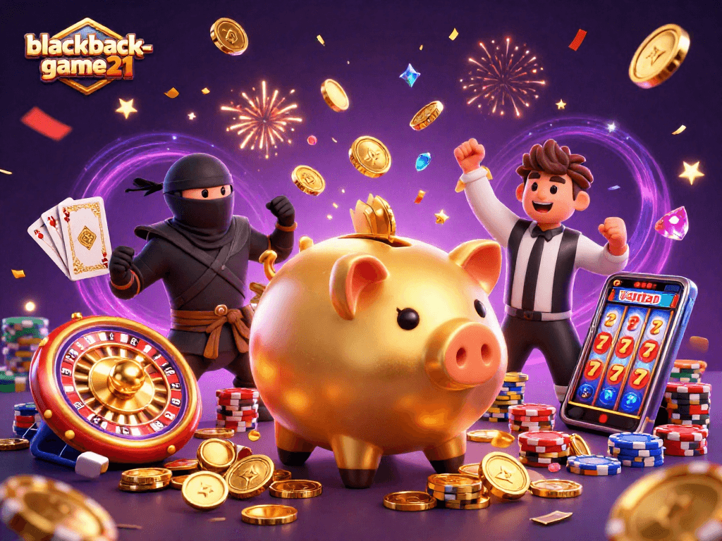 Experience the thrill of blackjack-game21 with animated characters in a vibrant casino scene.