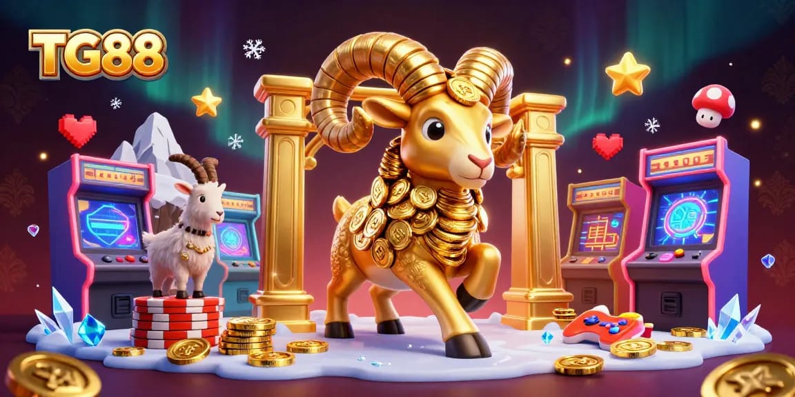TG88 showcases an exhilarating online gaming scene with a golden ram and vibrant casino elements.