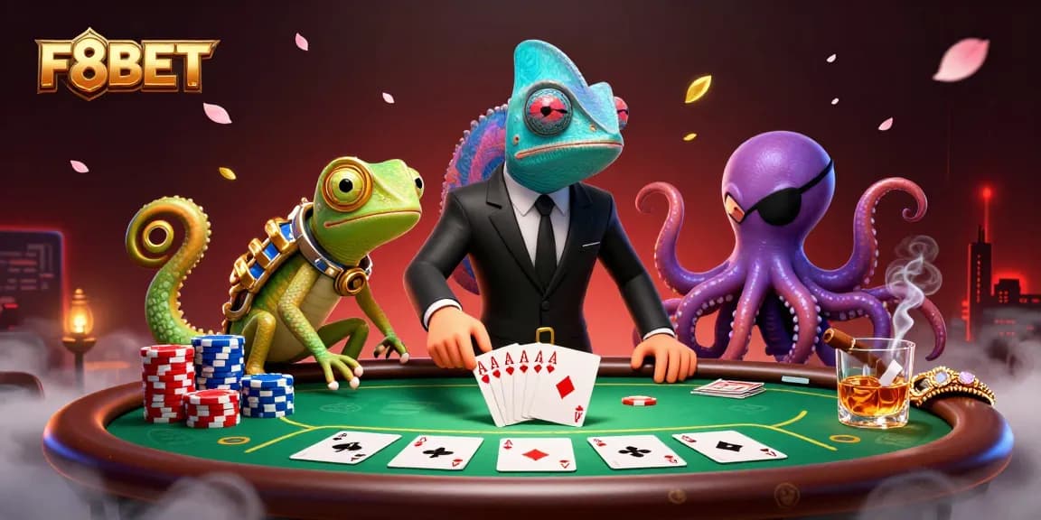 Experience F8BET with a vibrant poker scene featuring a secret agent chameleon, tech-gecko, and a villainous octopus.