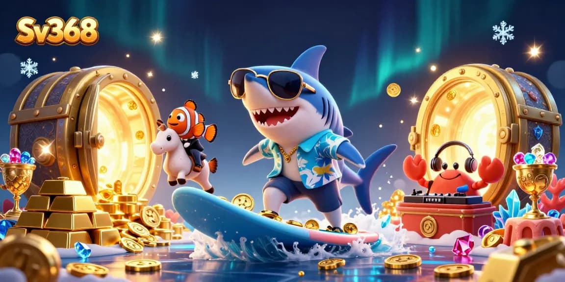 Unleash your luck with Sv368, featuring vibrant casino characters in a dynamic gold-themed illustration.