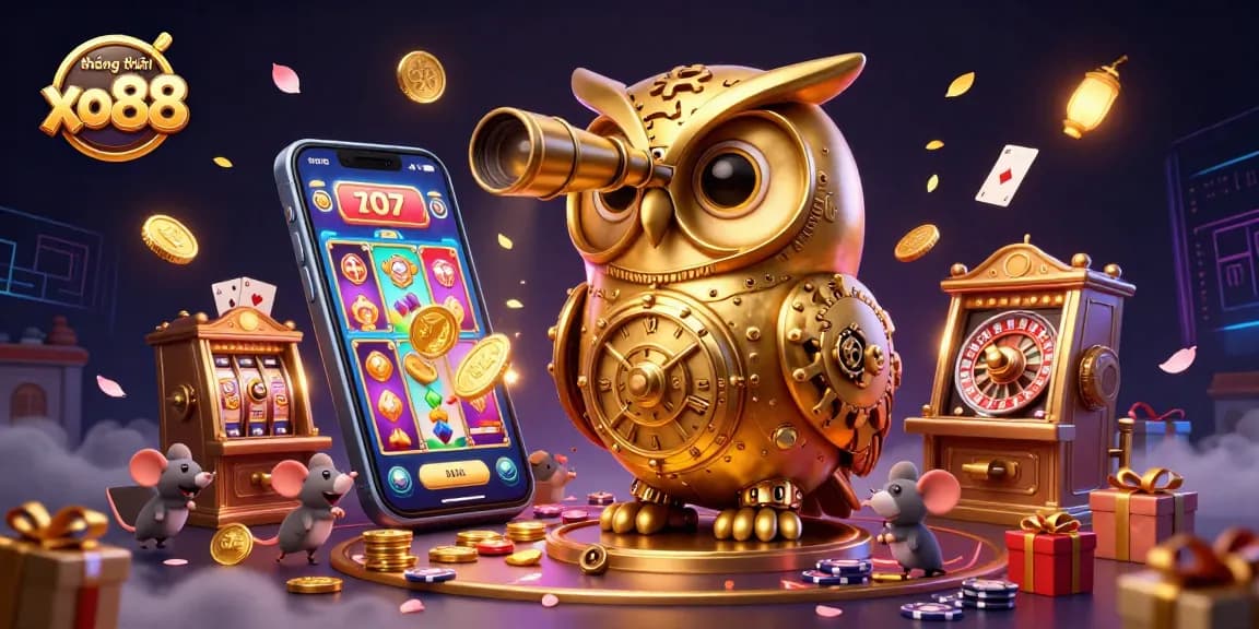 Experience the thrill of thương hiệu xo88 in a vibrant casino scene with a clockwork golden owl and lively wind-up mouse patrons.