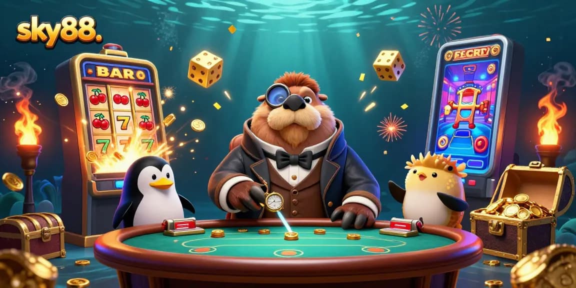 Join the excitement at sky88. with animated casino characters in a vibrant underwater scene.