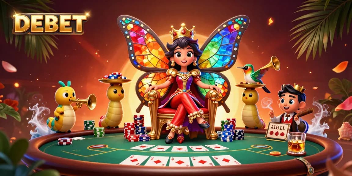 Win big with DEBET at a lively poker table surrounded by vibrant casino elements.