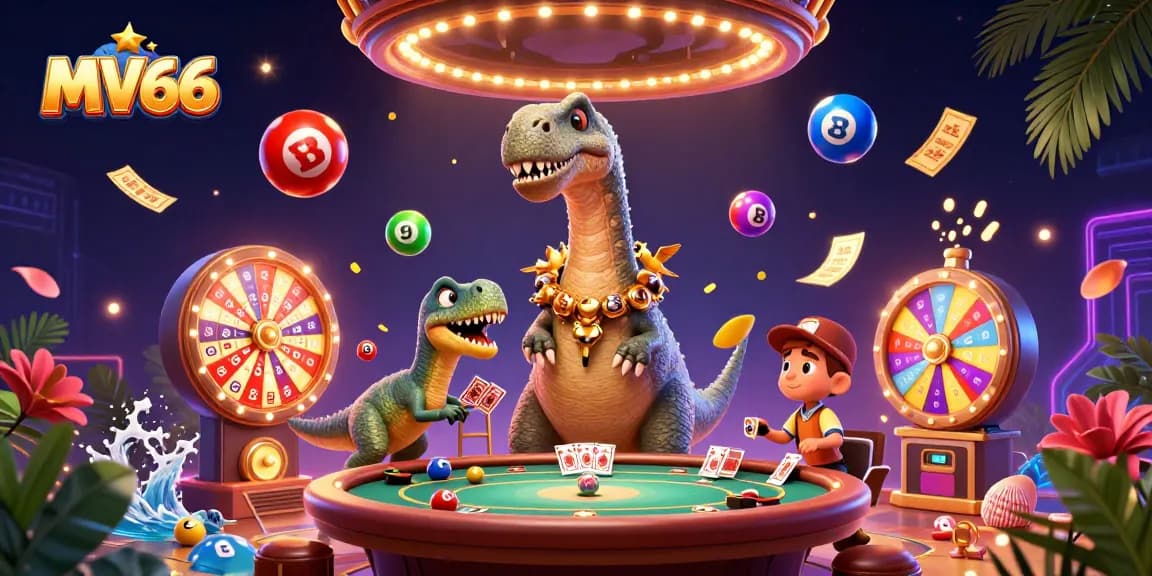 MV66 dazzles with a dazzling brontosaurus and raptor in a vibrant casino full of winning games.