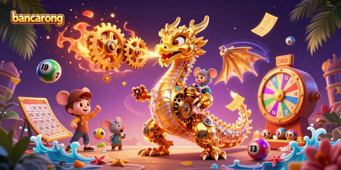 Bancarong shows a dynamic 3D portrayal of a golden dragon breathing gears and cogs amidst colorful lottery elements.