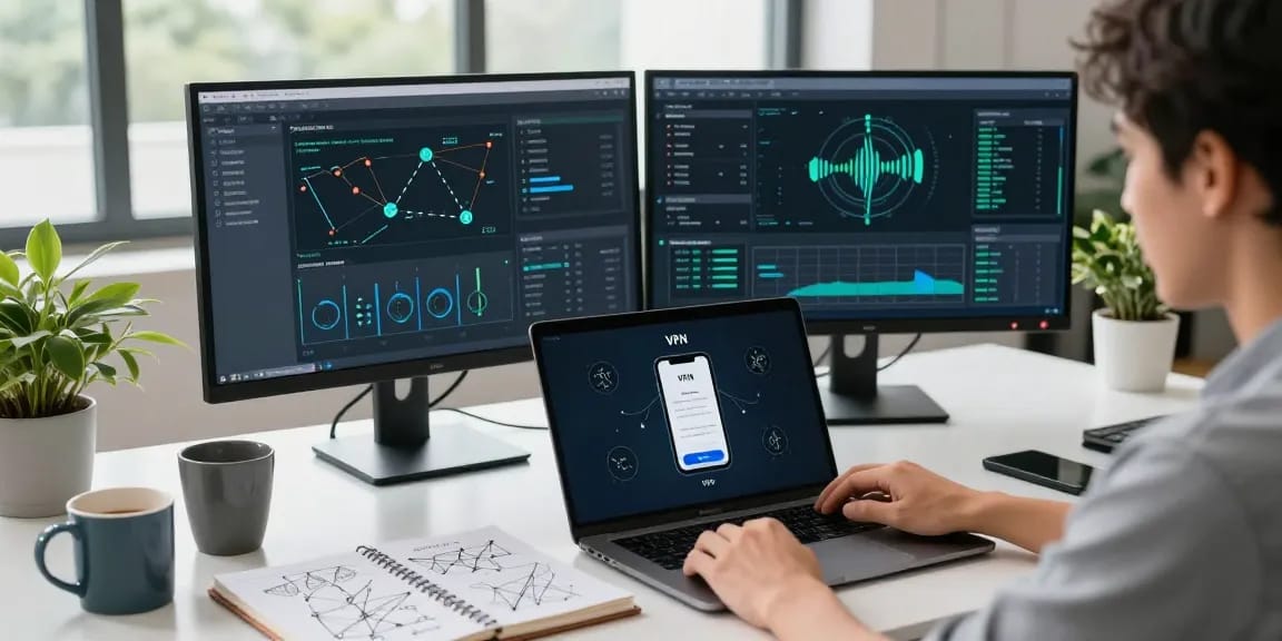 快连用户在现代办公室中使用 VPN 连接,显示网络速度与分析,环境整洁。