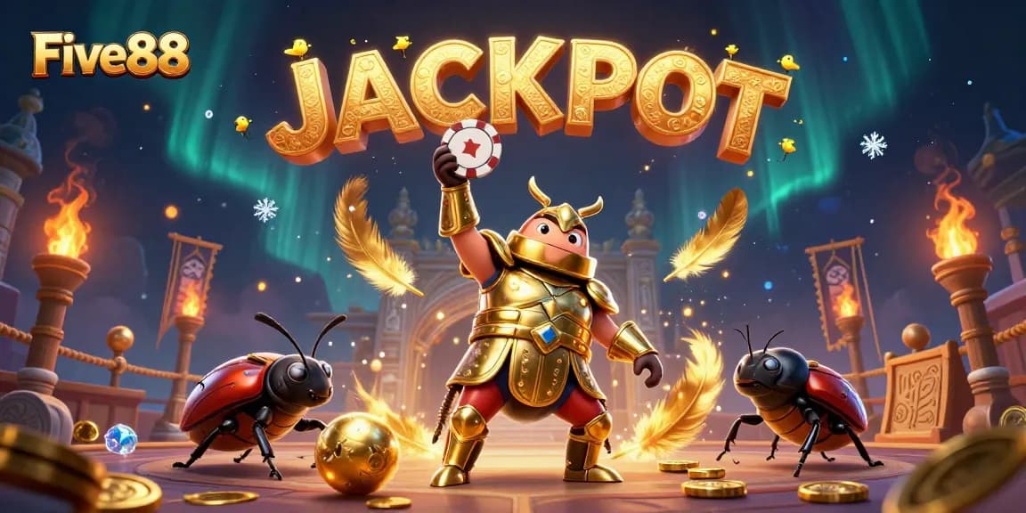 Five88 online casino features a heroic beetle winning a jackpot surrounded by dynamic gaming elements.
