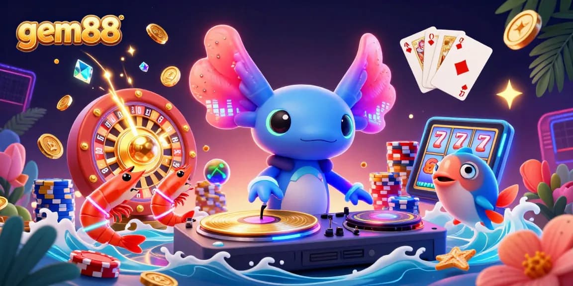 Experience gem88 with a vibrant 3D illustration featuring a DJ axolotl and energetic sea creatures celebrating wins.
