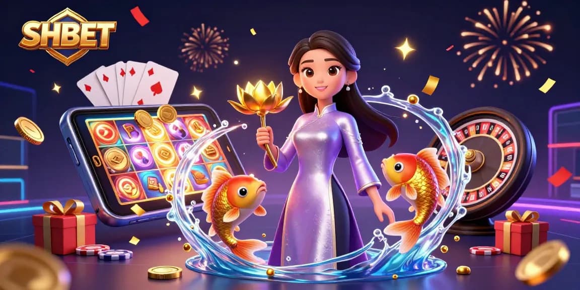 Experience SHBET's vibrant online casino with a dynamic Asian woman and golden koi fish in a festive setting.