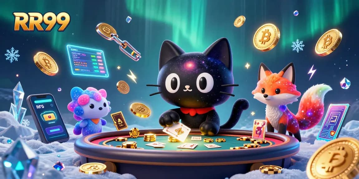 Engage with RR99 at a vibrant casino filled with cosmic wonders and colorful crypto elements.