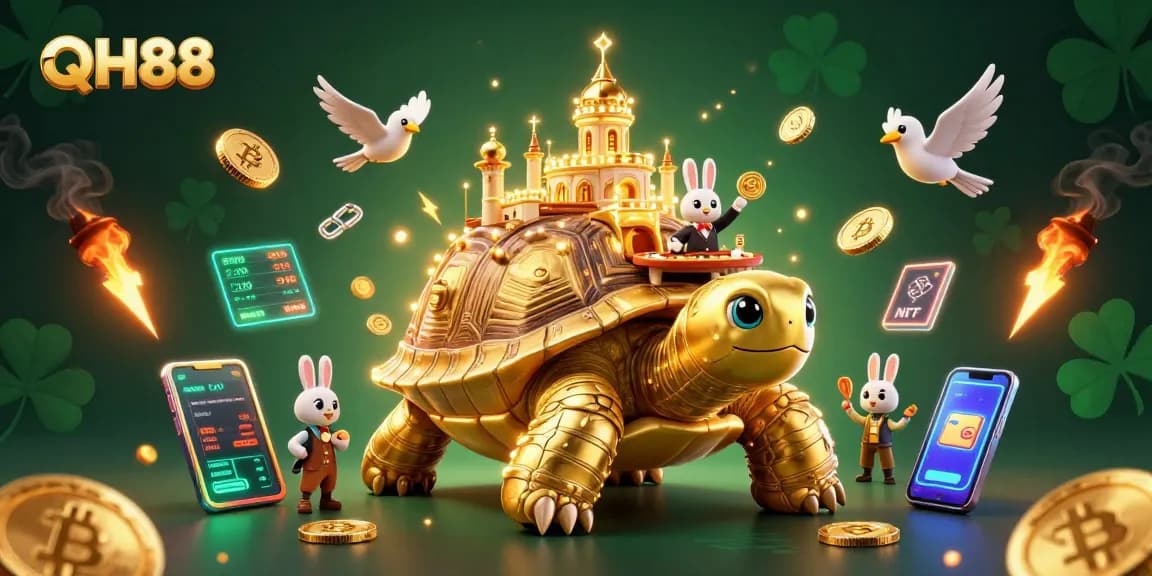 Experience engaging casino action with QH88 amidst vibrant 3D golden tortoise and crypto elements.