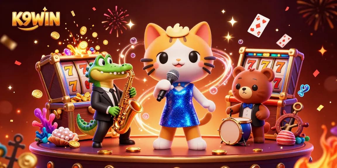 K9WIN showcases vibrant slot gaming action with cartoon characters and festive casino elements