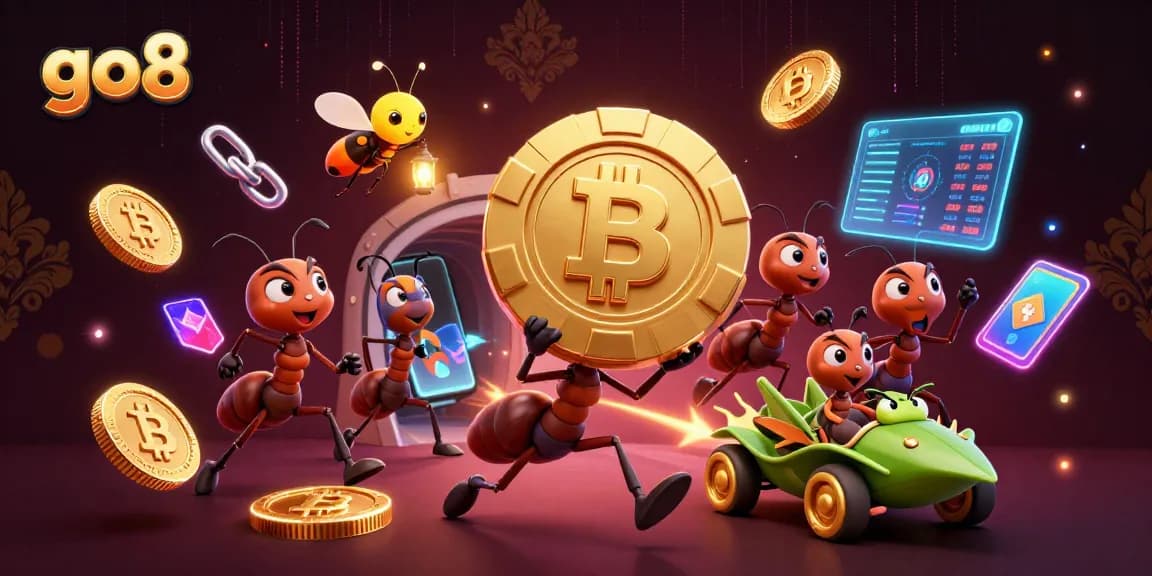 Experience the excitement at go8 as cartoon ants execute a casino heist with a giant poker chip.