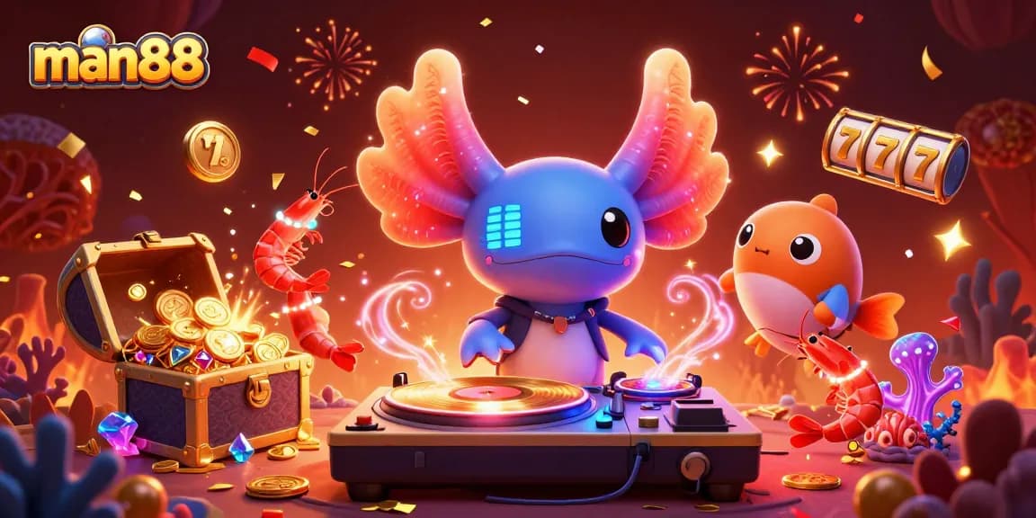Experience thrilling gameplay with man88's vibrant casino scene, featuring neon axolotl DJ and lively underwater action.