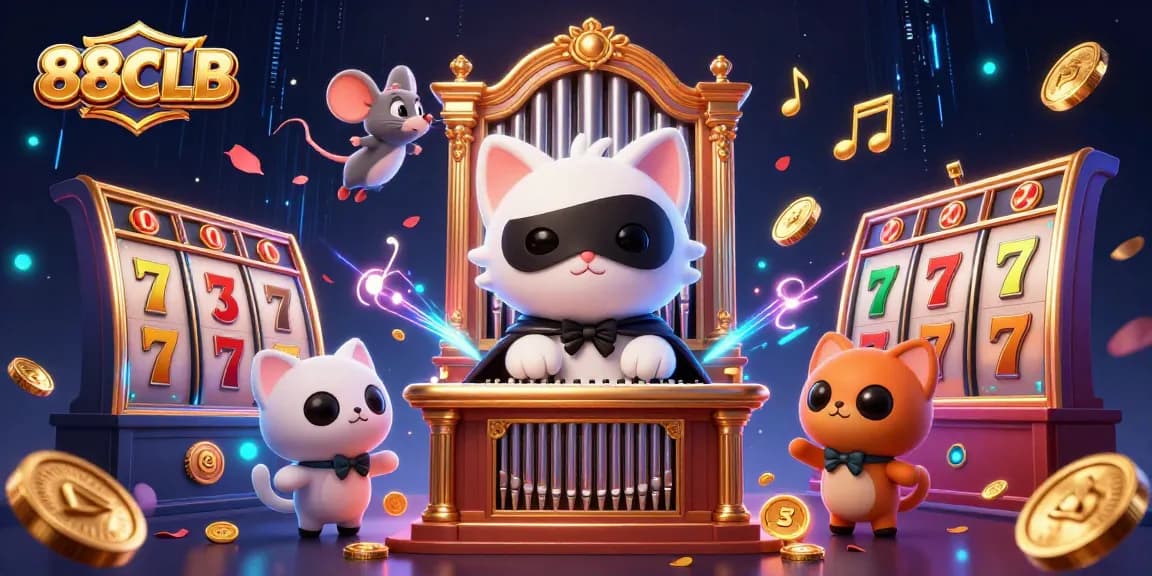 88CLB showcases a thrilling casino experience with a dynamic scene of a phantom cat, mouse acrobat, and slot reels.