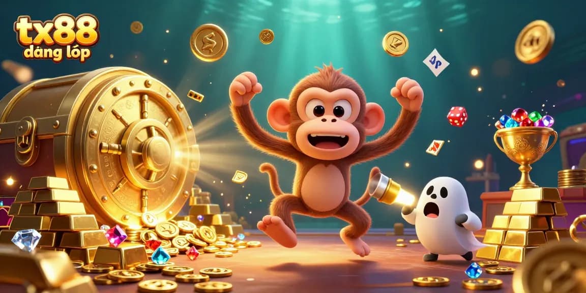 Experience tx88 đăng nhập with a playful ghost-monkey scene in a dazzling casino.