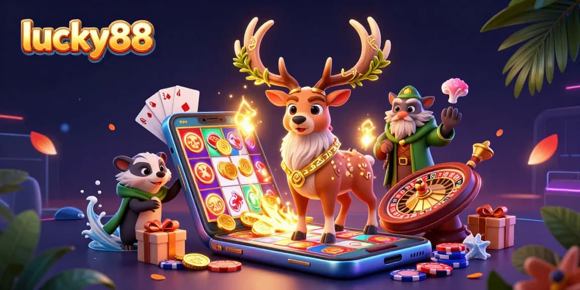 Experience lucky88's thrilling environment filled with slot games, coins, and mystical characters.