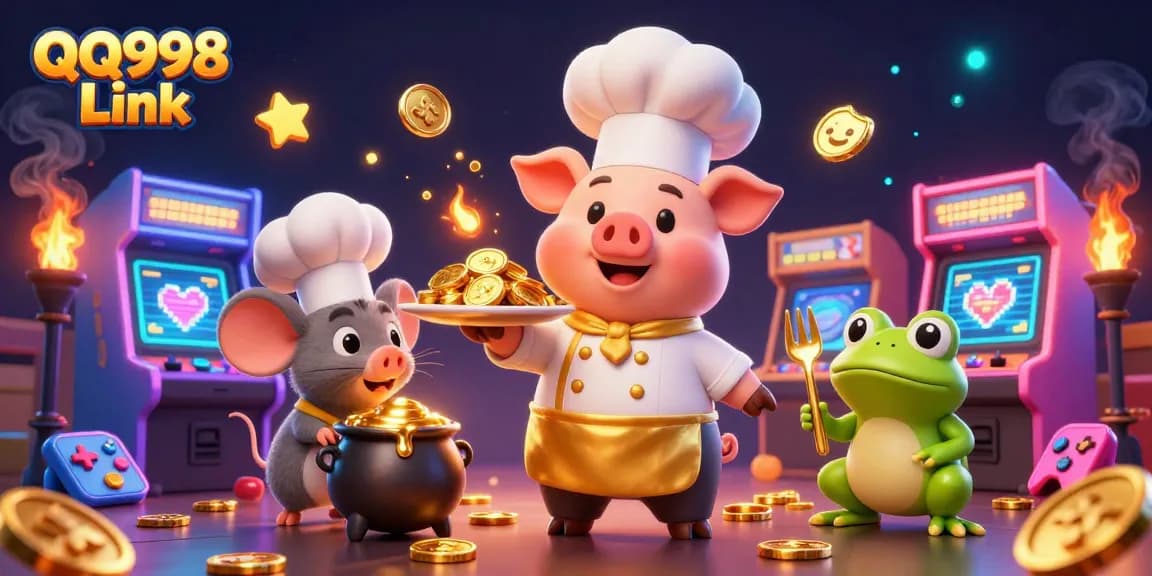 Engage with QQ998 Link to discover vibrant gaming experiences featuring a chef pig, a mouse, and a frog amidst golden treasures.