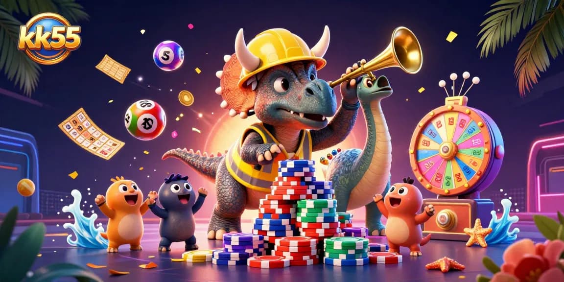Experience the excitement of kk55 as a cartoon triceratops builds a poker chip pyramid in a vibrant casino scene.