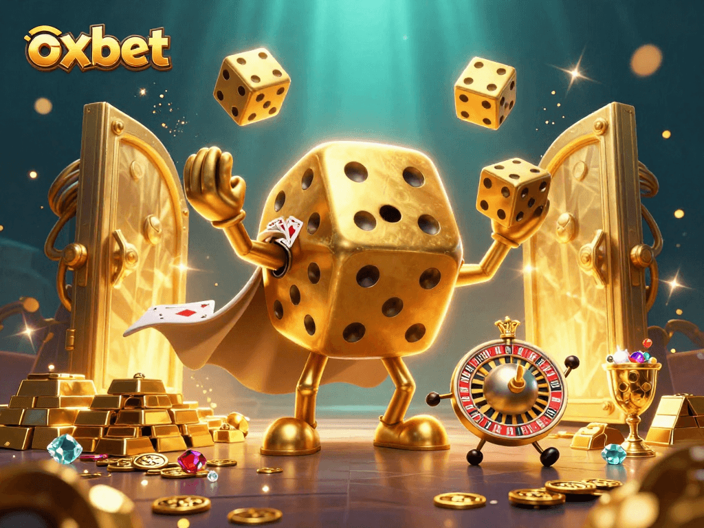 oxbet showcases a thrilling 3D casino-themed illustration featuring golden dice and vibrant gems.
