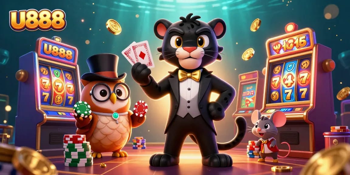 Experience the thrilling world of U888 with captivating characters dealing cards and showcasing vibrant slot machines.