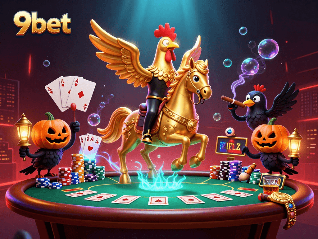 Experience thrilling poker action at 9bet with a golden rooster riding through a vibrant casino scene.