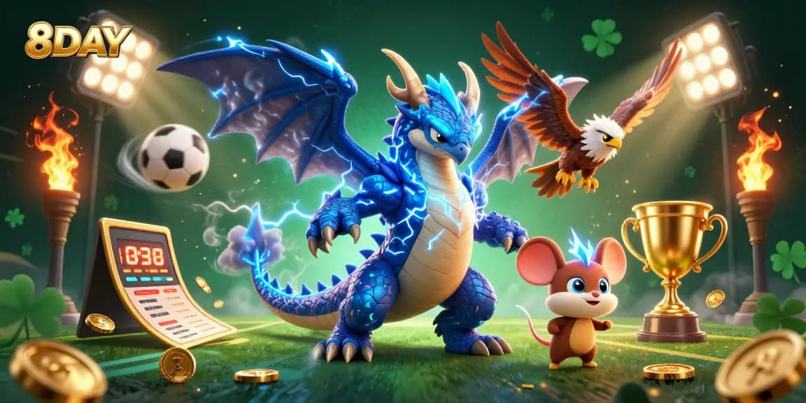 Experience exciting gameplay at 8DAY with dynamic illustrations of casino elements and thrilling action.