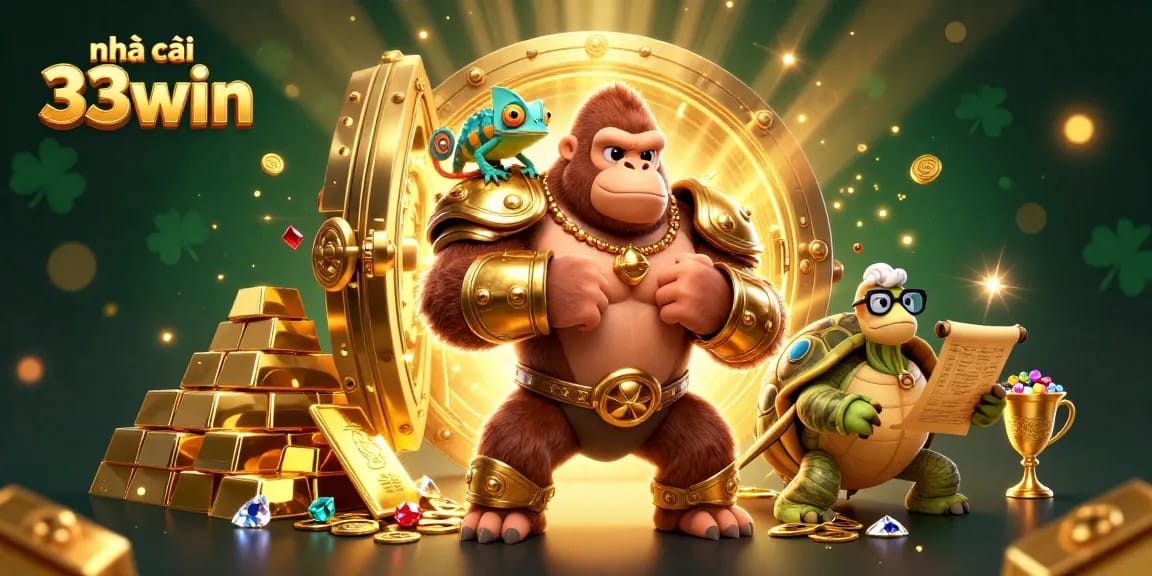 Engage with nhà cái 33win through a vibrant 3D casino scene featuring a powerful gorilla and treasures.