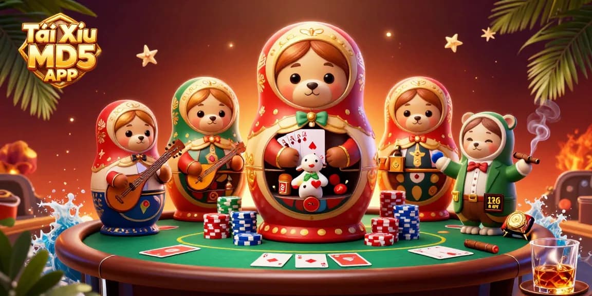 Tài Xỉu MD5 APP showcases interactive gambling fun with engaging cartoon characters in a rich casino setting.