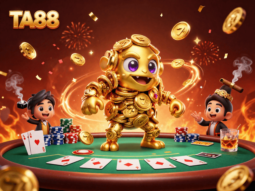 Engage with TA88’s dynamic casino theme featuring a golden golem and poker scene.