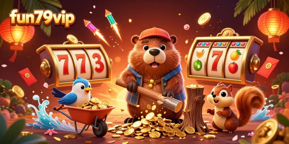 Experience the excitement of fun79vip with a dynamic casino scene featuring vibrant characters and gold-filled action.