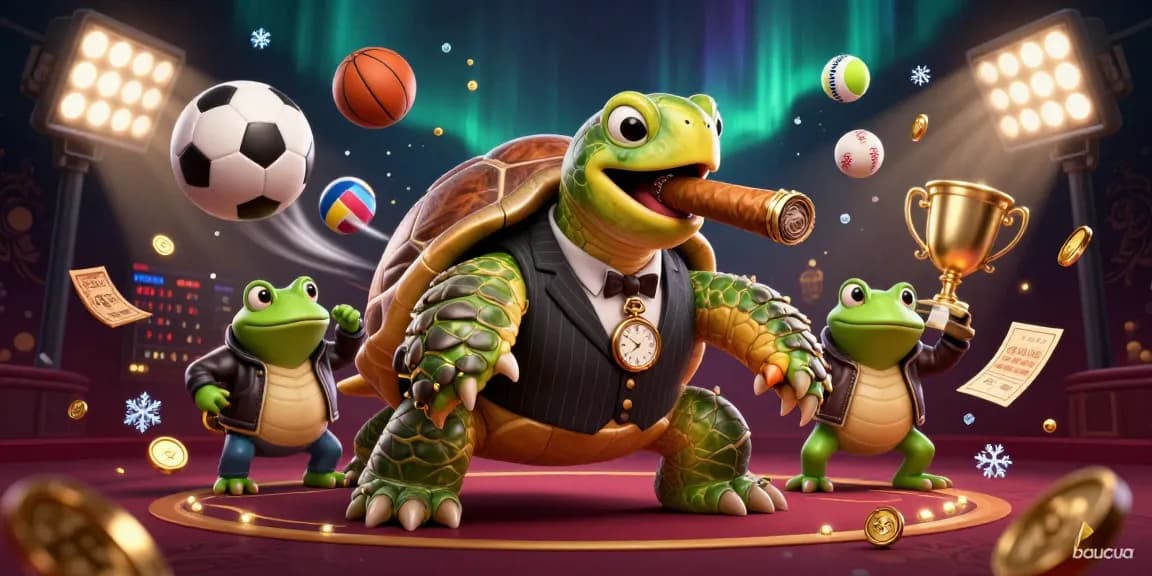 Engage with baucua's vibrant casino fun featuring a snapping turtle mobster amidst dynamic sports elements.